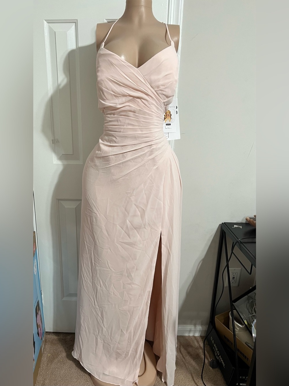 Chiffon Ruched V-Neck Maxi Dress in Light Blush - Picture 2 of 12